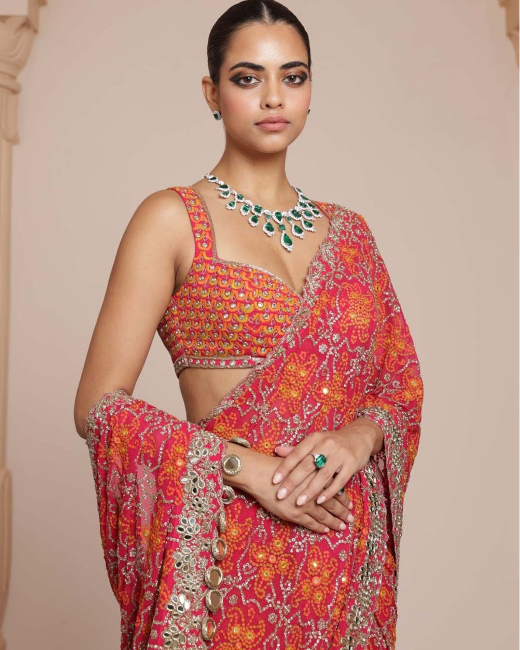 Pink And Rose Gold Ruffle Sari Set