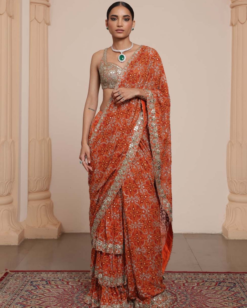 Orange And Gold Multithread Ruffle Sari Set