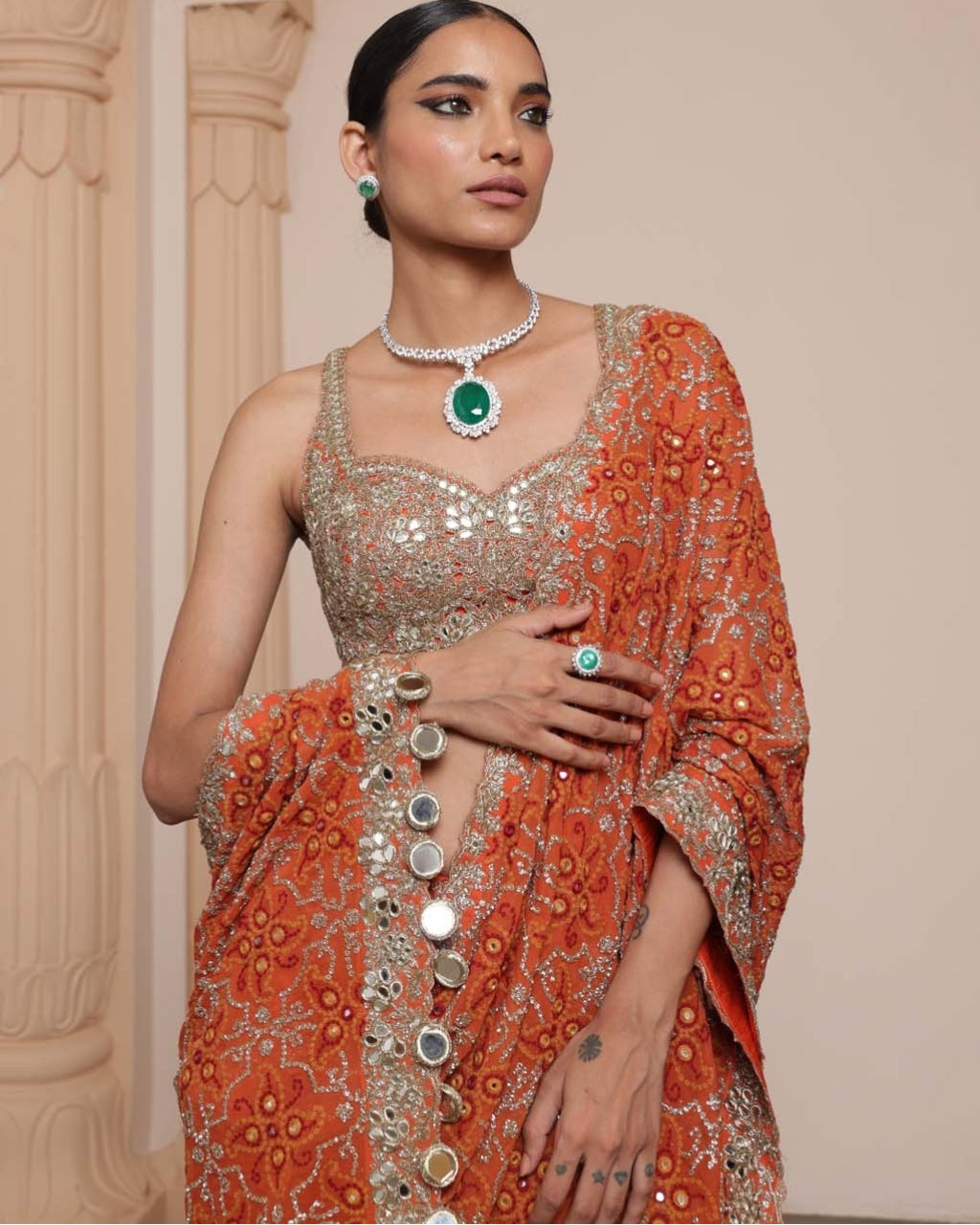 Orange And Gold Multithread Ruffle Sari Set