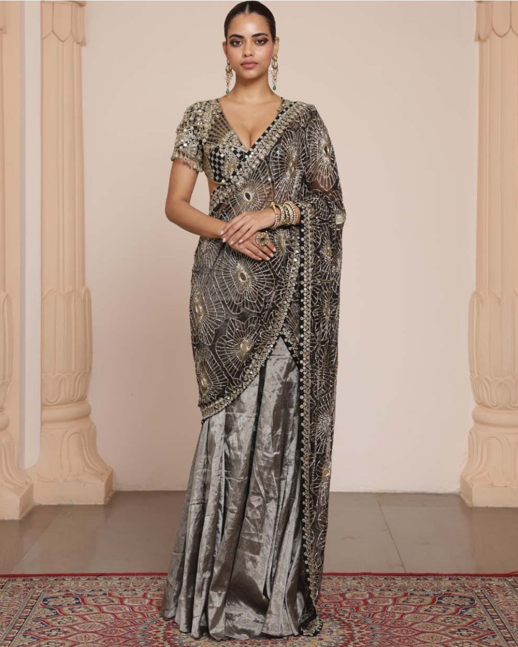 Black Silk Tissue Godet Sari Set