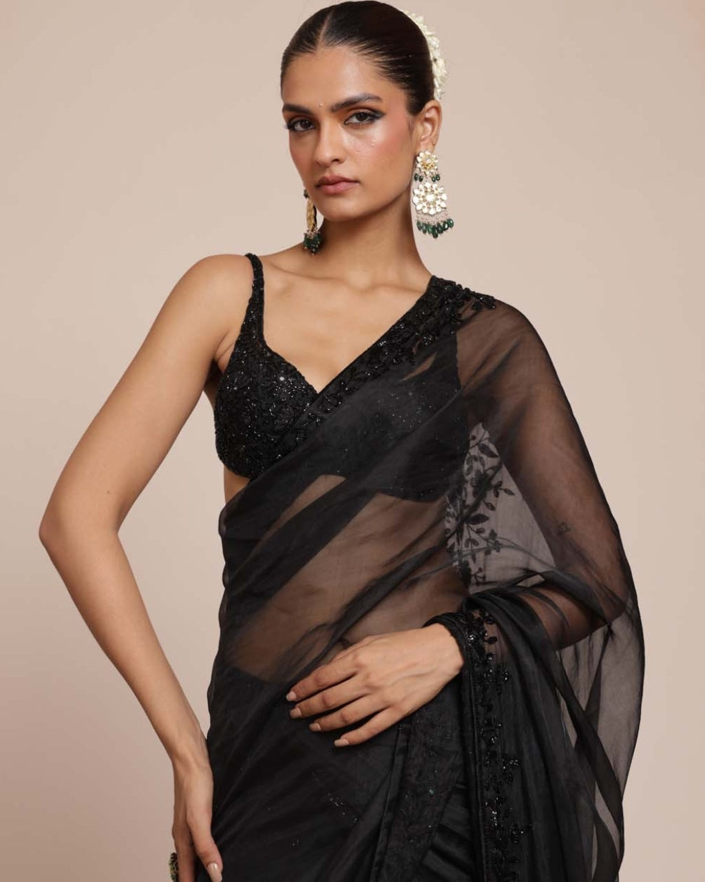 Black Hip Hug Tulle Sari Set