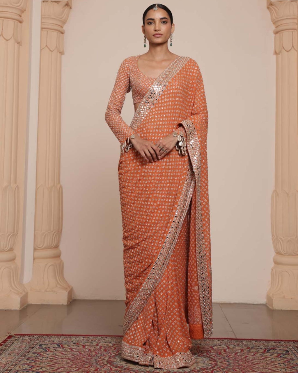 Toasted Orange And Rose Gold Sari Set