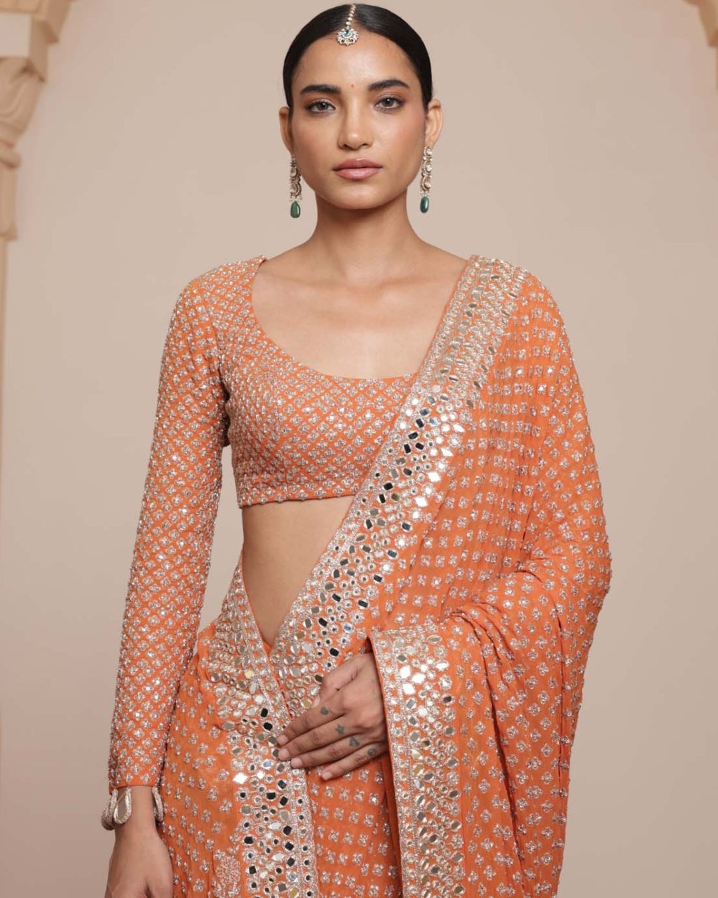 Toasted Orange And Rose Gold Sari Set