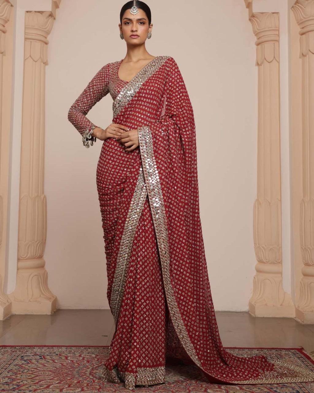 Red And Beige Gold Star Sari Set