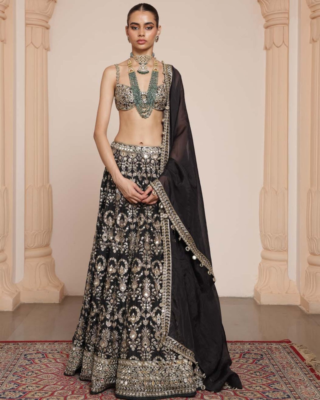 Black Banarasi Silk Floral Lehenga Set