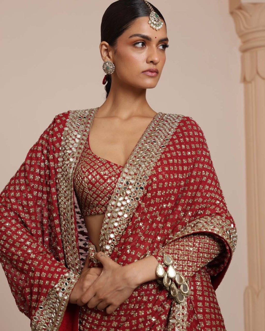 Red And Beige Gold Star Sari Set