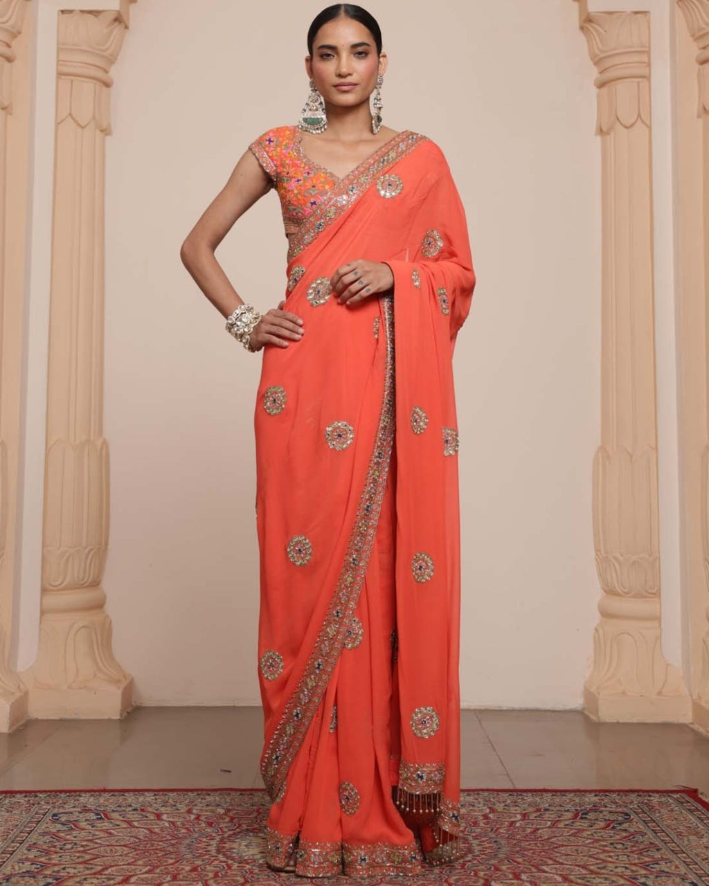 Orange And Gold Multithread Embroidered Sari Set