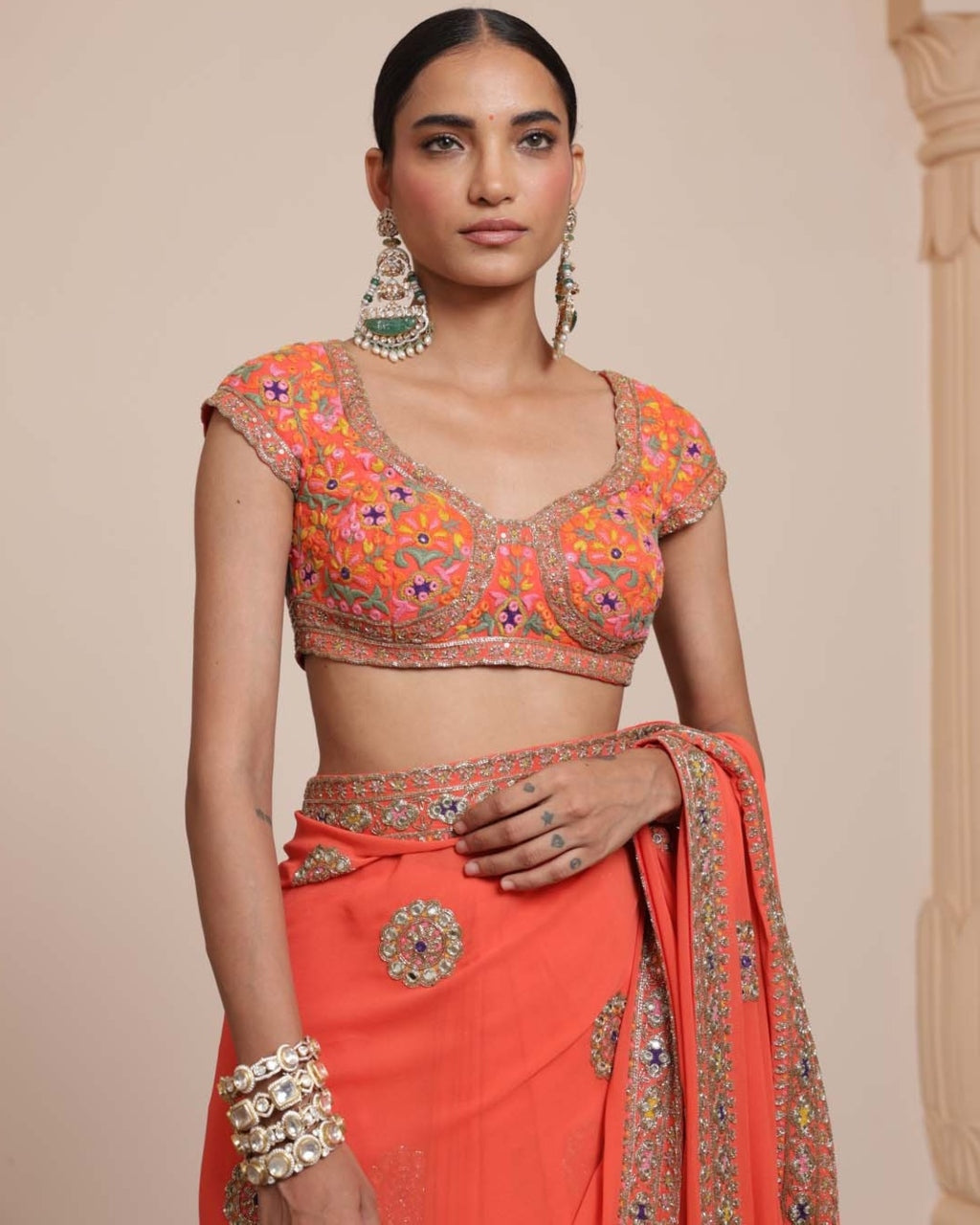 Orange And Gold Multithread Embroidered Sari Set