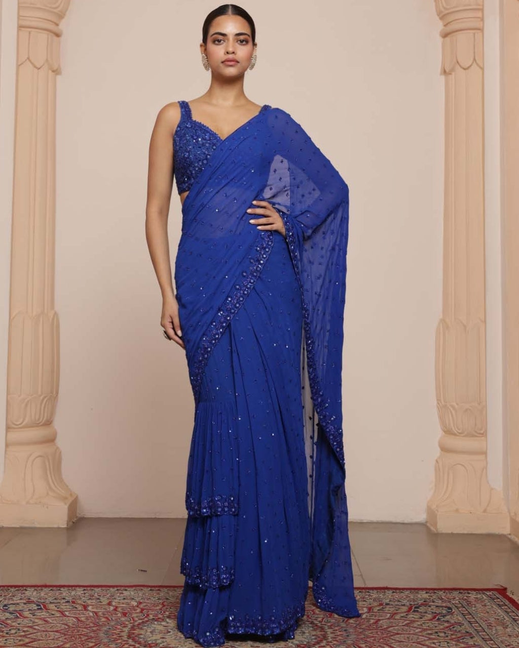 Solid Electric Blue Heavy Tiered Ruffle Sari Set