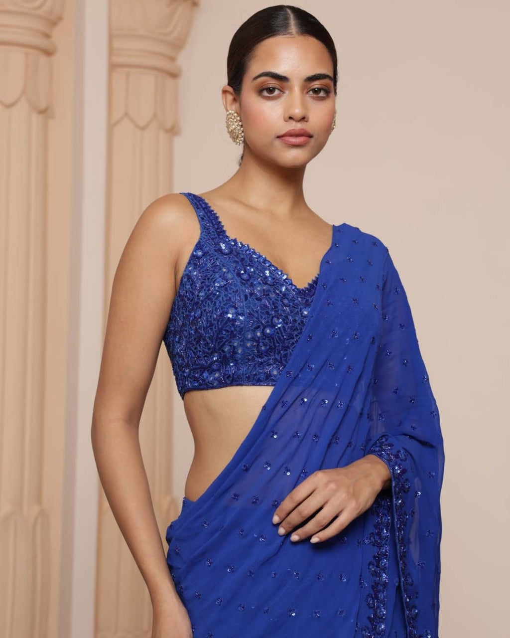 Solid Electric Blue Heavy Tiered Ruffle Sari Set