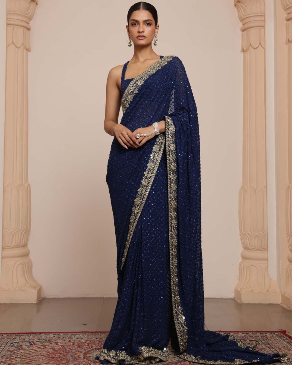 Midnight Blue And Gold Star Butti Sari Set