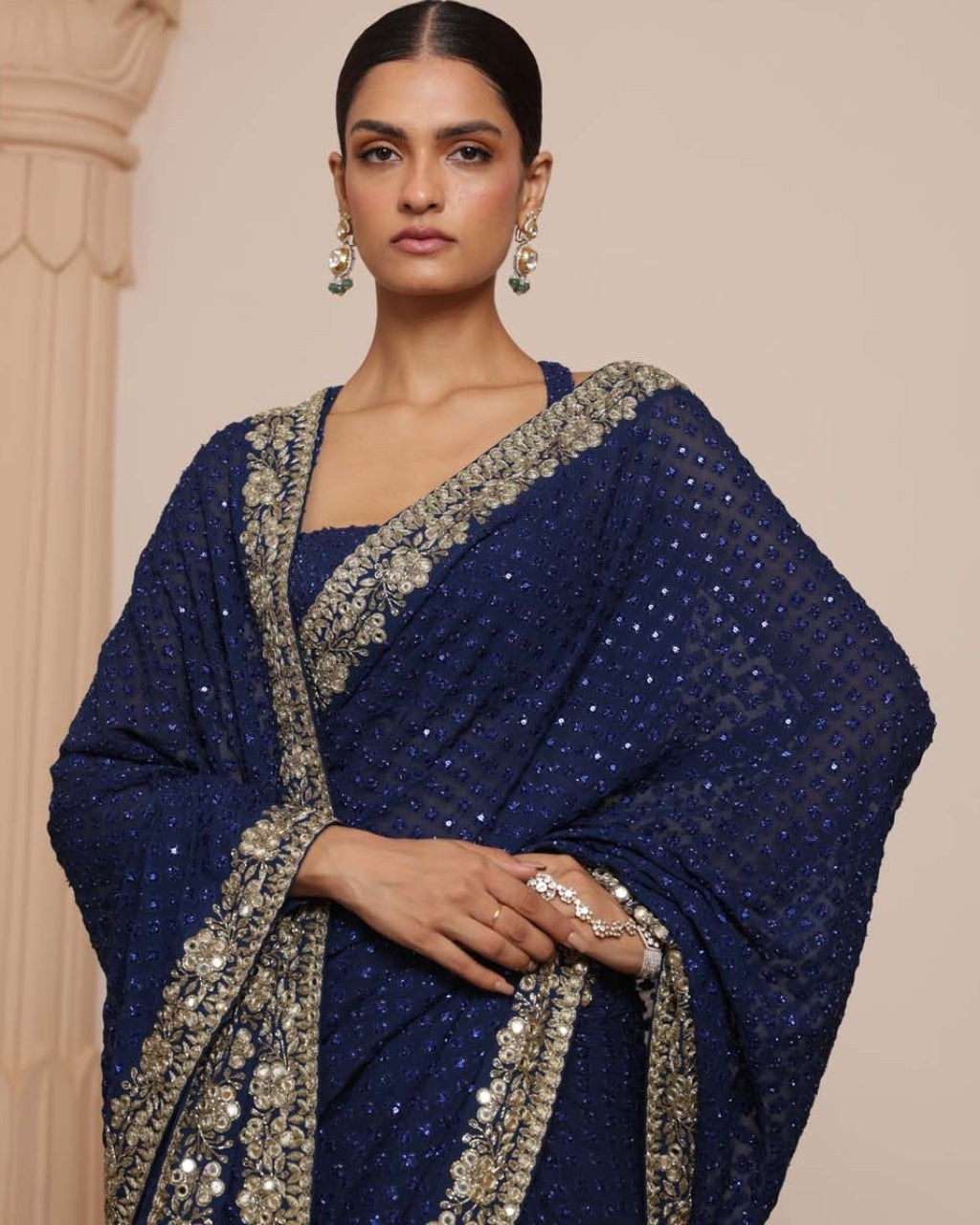 Midnight Blue And Gold Star Butti Sari Set