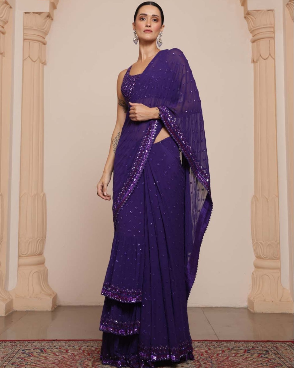 Solid Purple Heavy Tiered Ruffle Sari Set