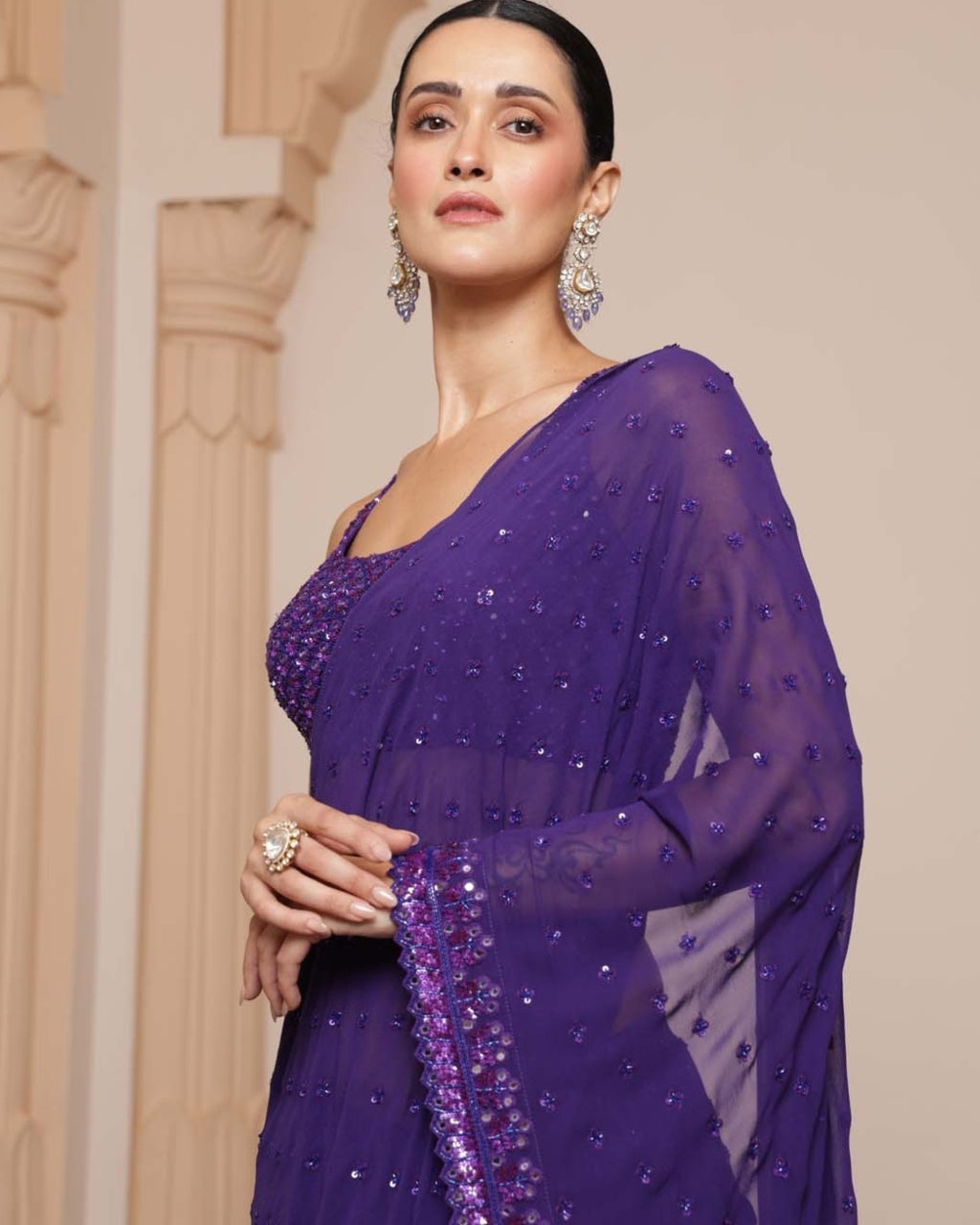 Solid Purple Heavy Tiered Ruffle Sari Set