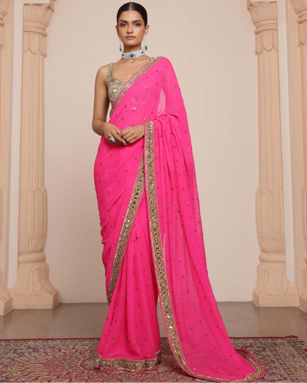 Pink And Gold Embroidered Sari Set