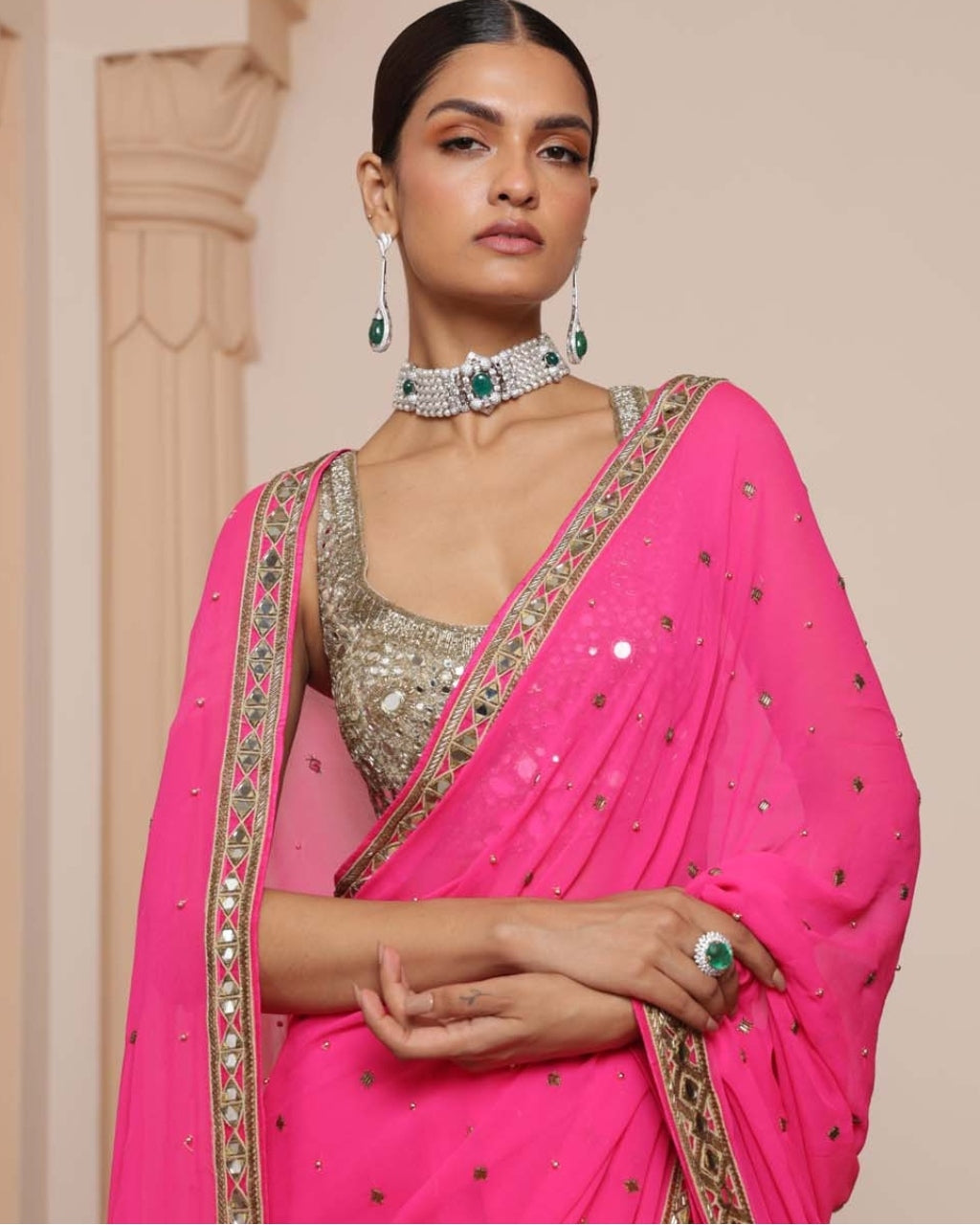 Pink And Gold Embroidered Sari Set