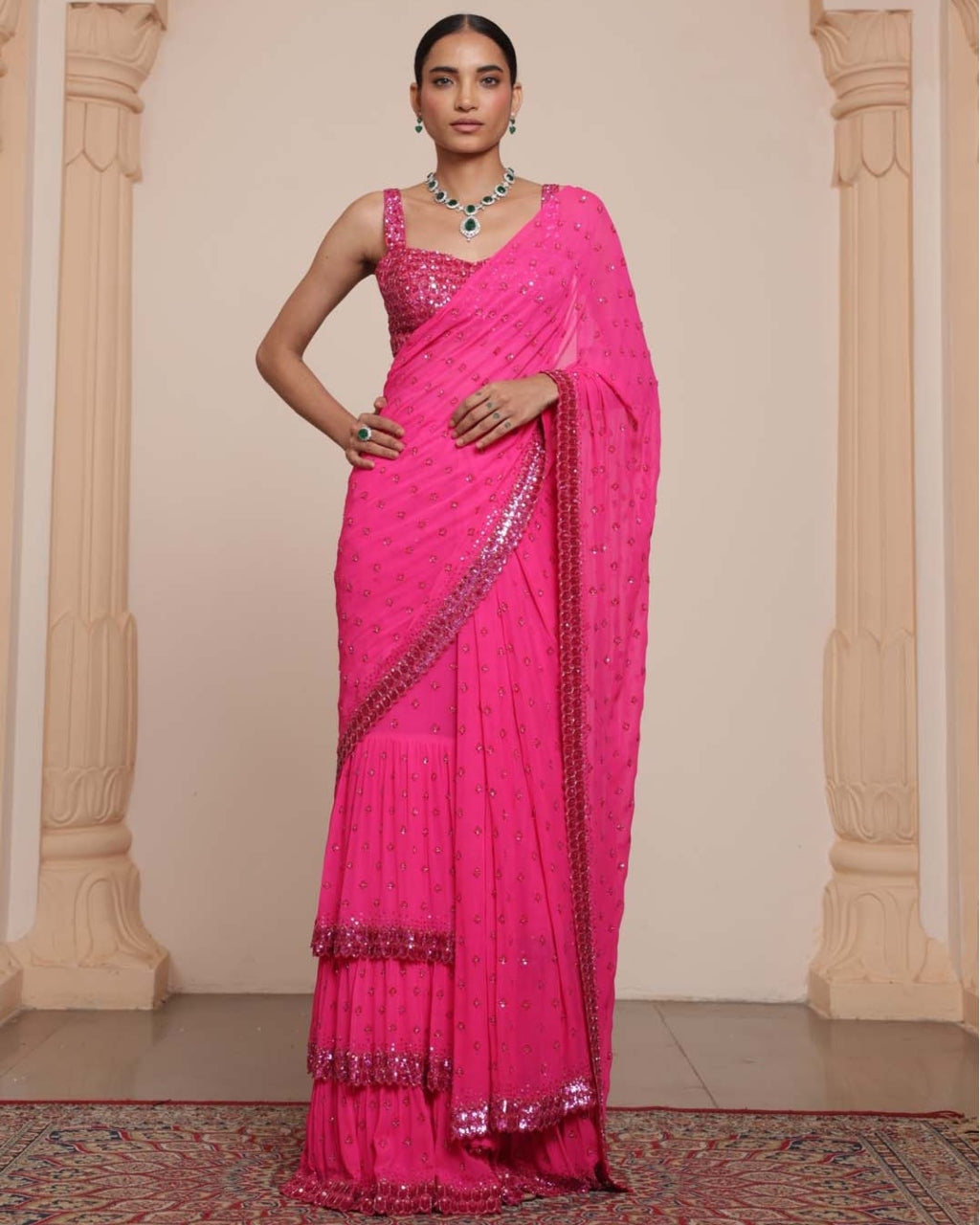 Solid Hot Pink Heavy Tiered Ruffle Sari Set