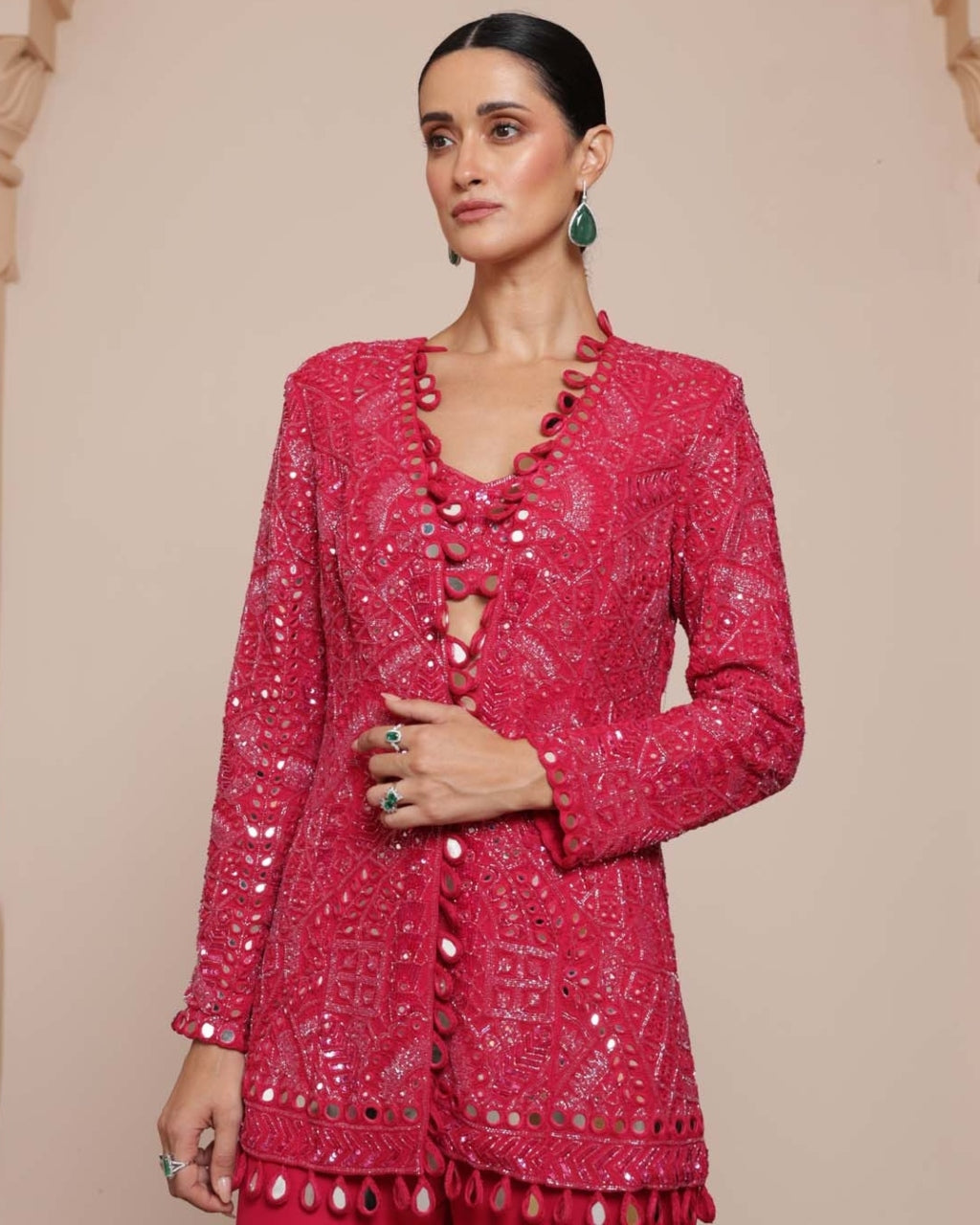 Pink Linear Jacket And Gharara Set