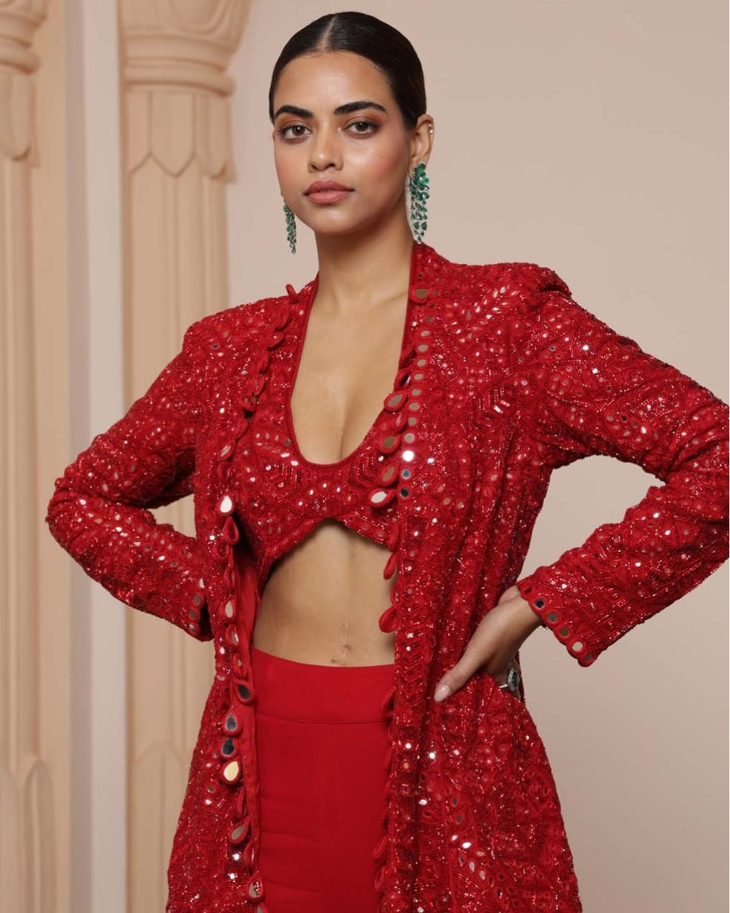 Red Linear Jacket And Gharara Set