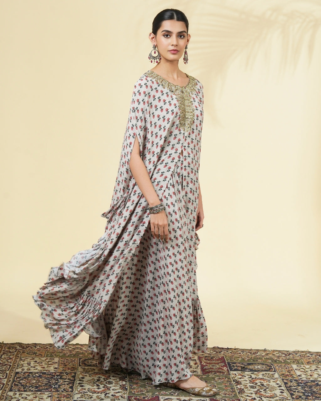 Rose Butti Print Hand Embroidered Cape Set