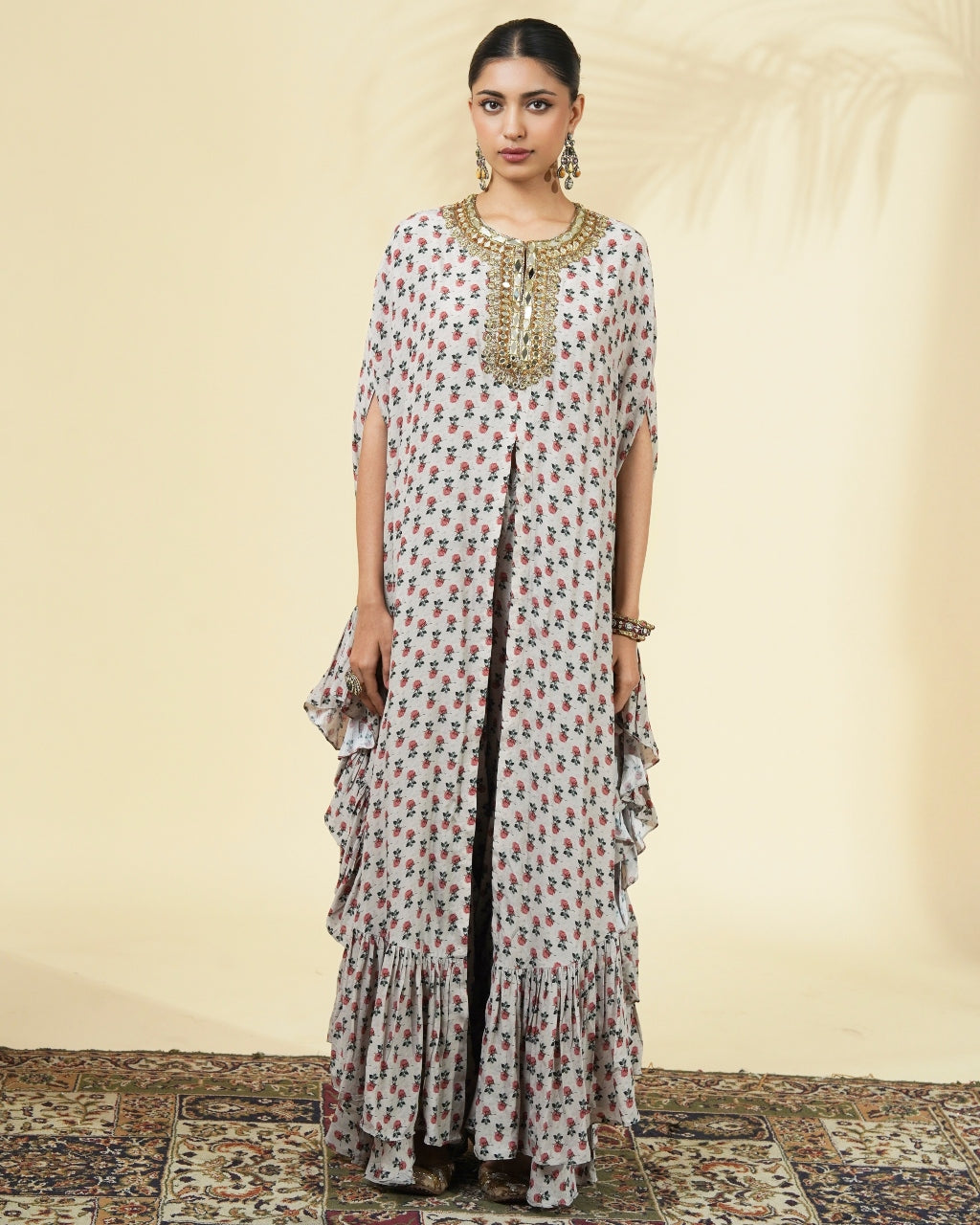 Vintage Rose Butti Print Hand Embroidered Cape Set
