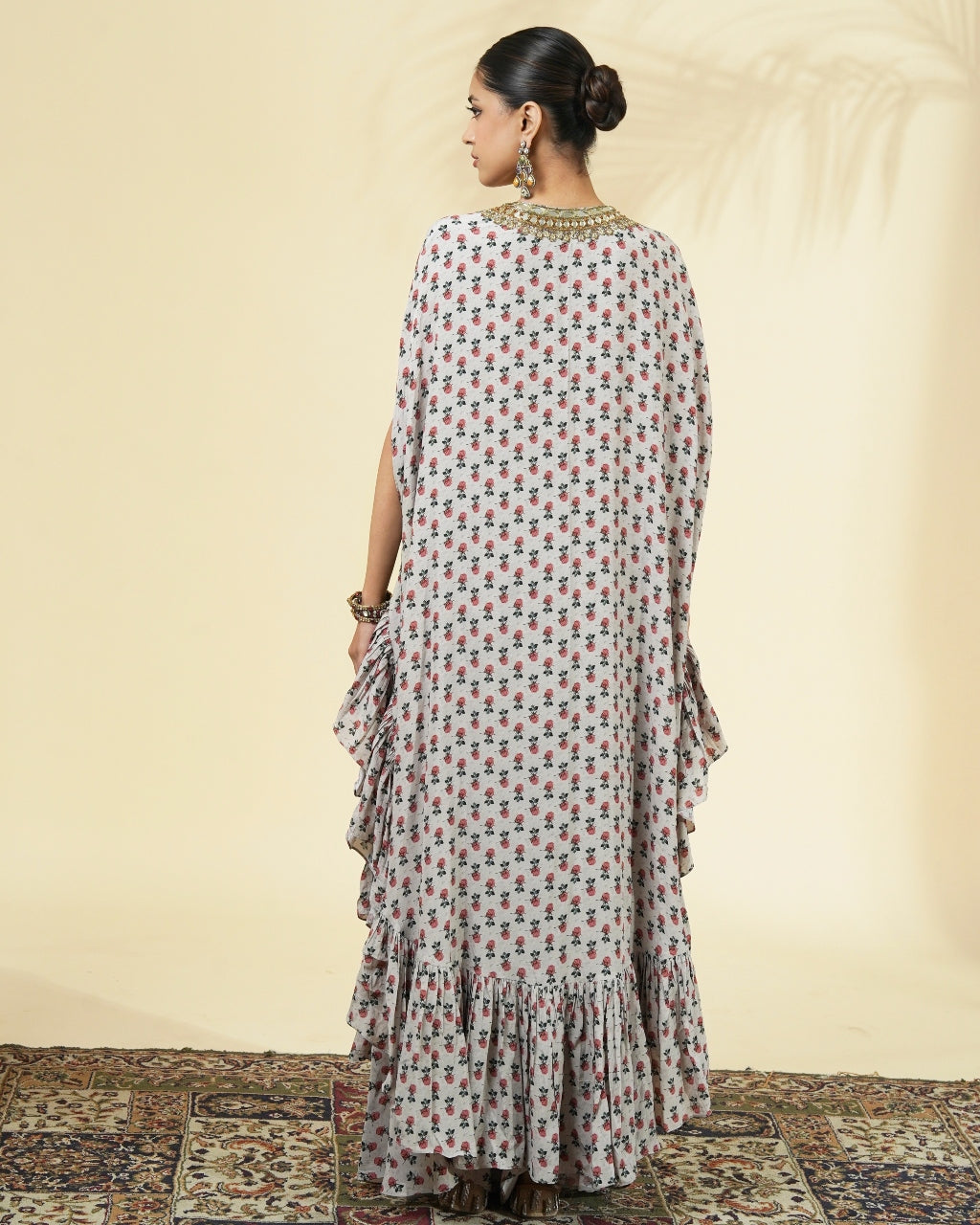 Vintage Rose Butti Print Hand Embroidered Cape Set