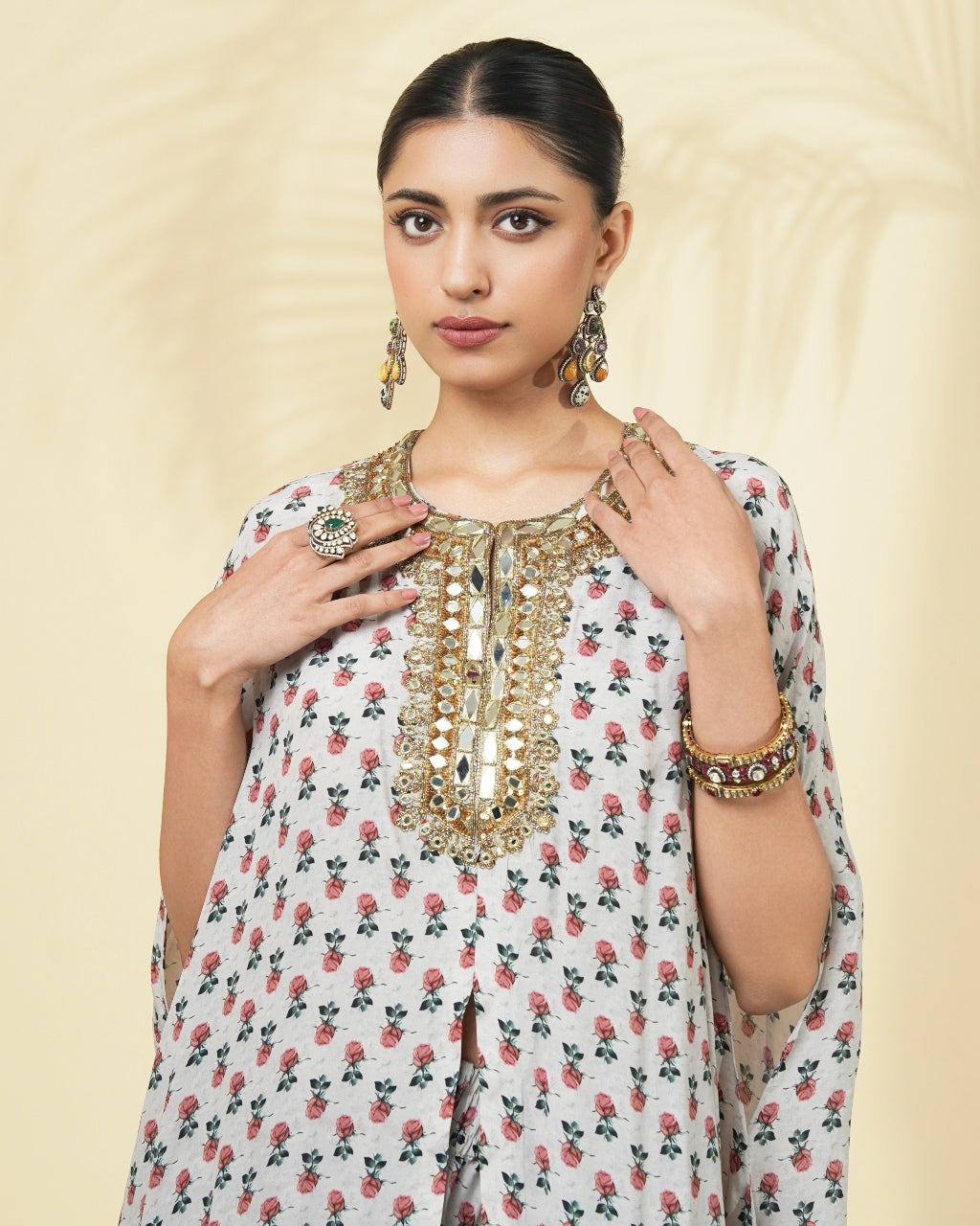 Vintage Rose Butti Print Hand Embroidered Cape Set