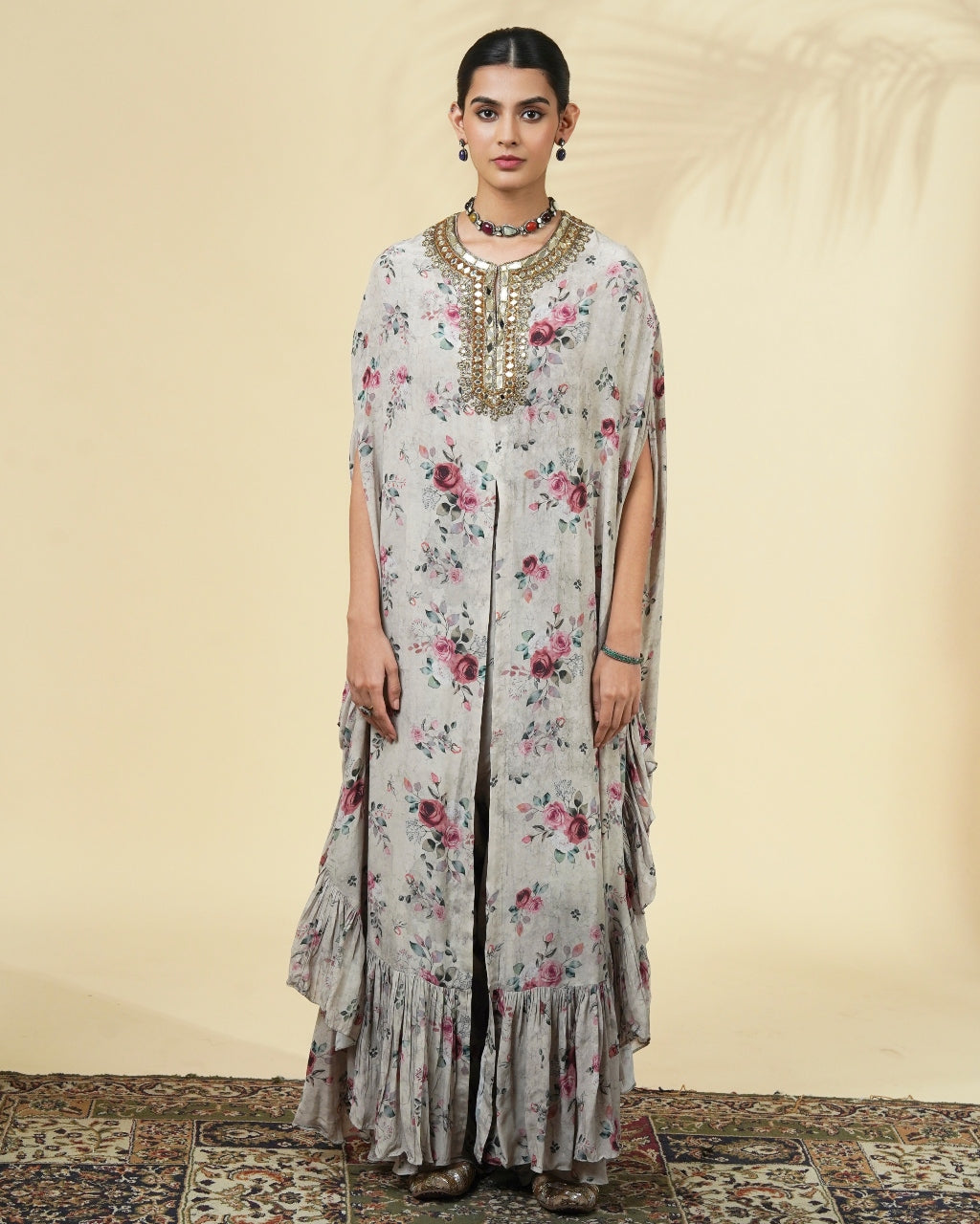 Vintage Rose Print Hand Embroidered Cape Set