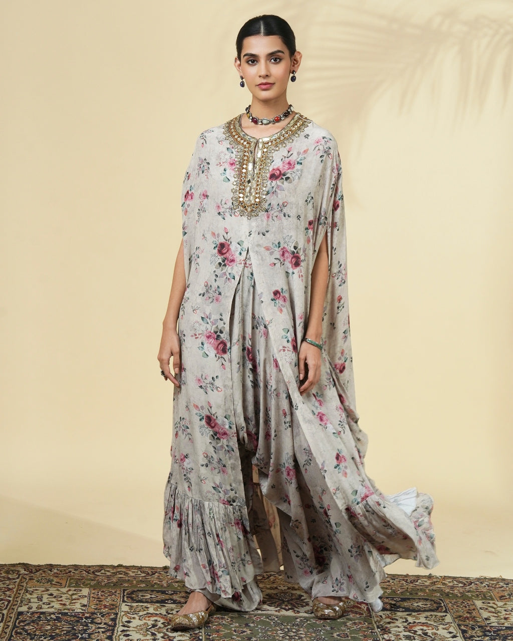 Vintage Rose Print Hand Embroidered Cape Set