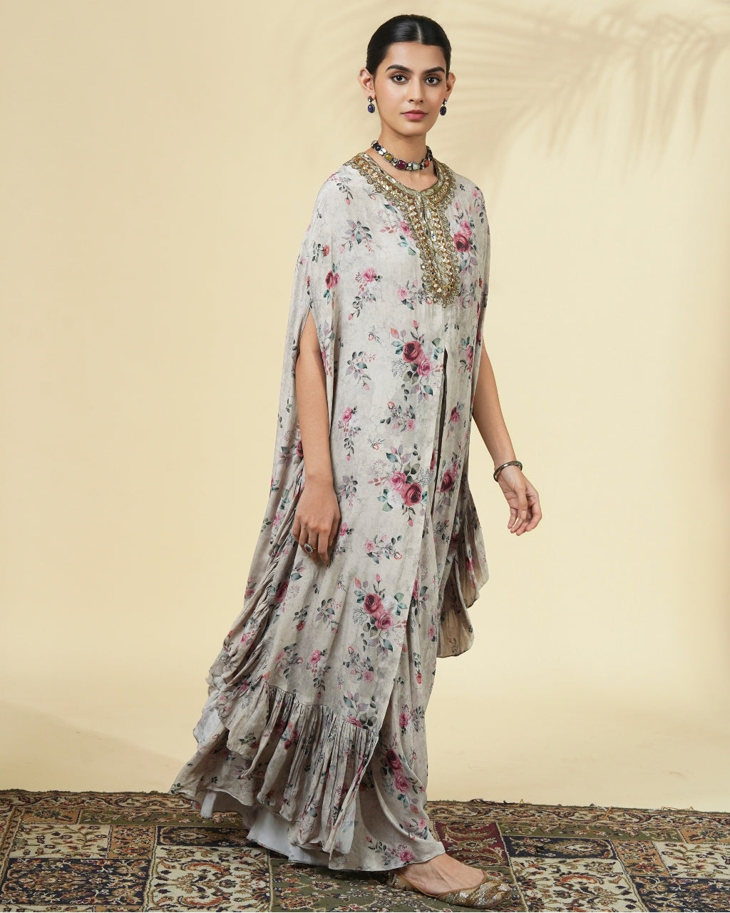 Vintage Rose Print Hand Embroidered Cape Set