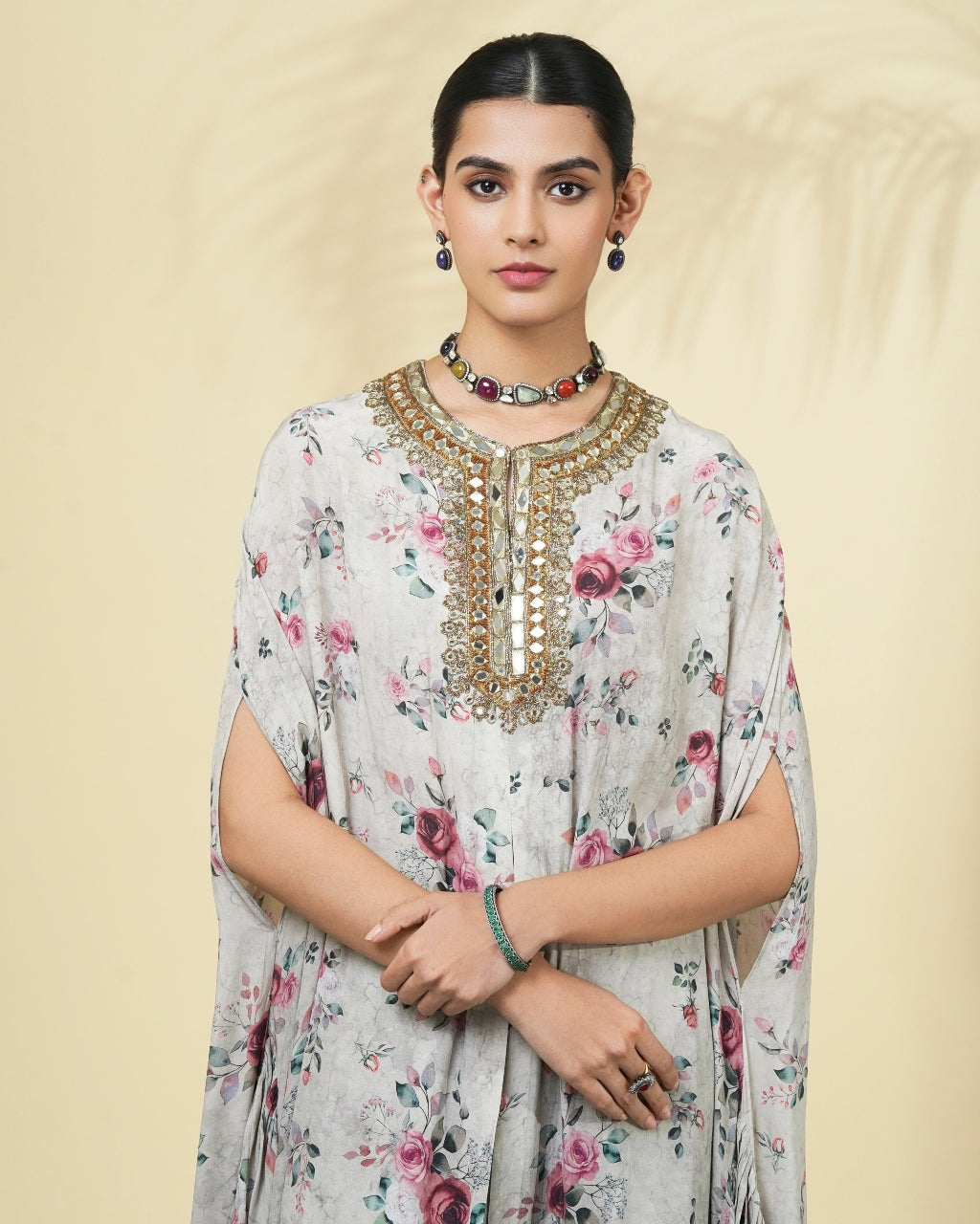Vintage Rose Print Hand Embroidered Cape Set