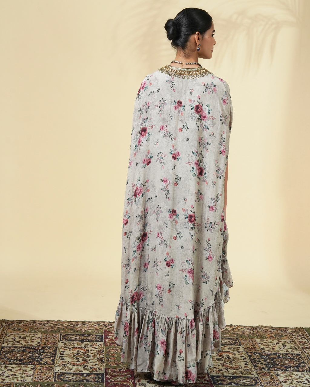 Vintage Rose Print Hand Embroidered Cape Set