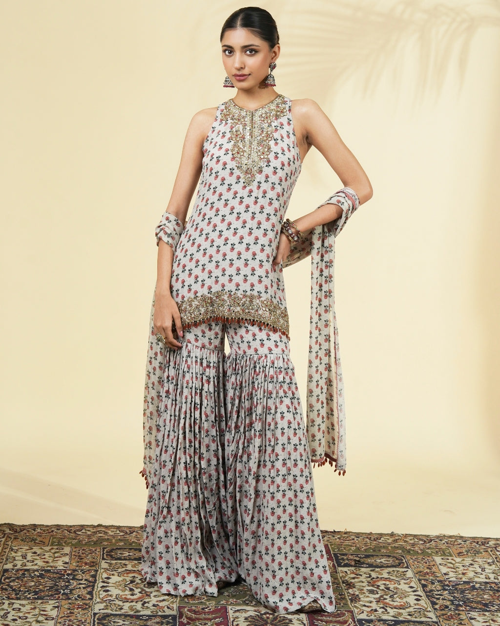 Vintage Rose Butti Print Short Kurta & Gharara Set