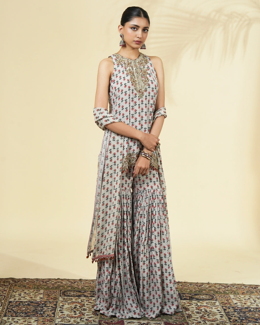 Vintage Rose Butti Print Short Kurta & Gharara Set