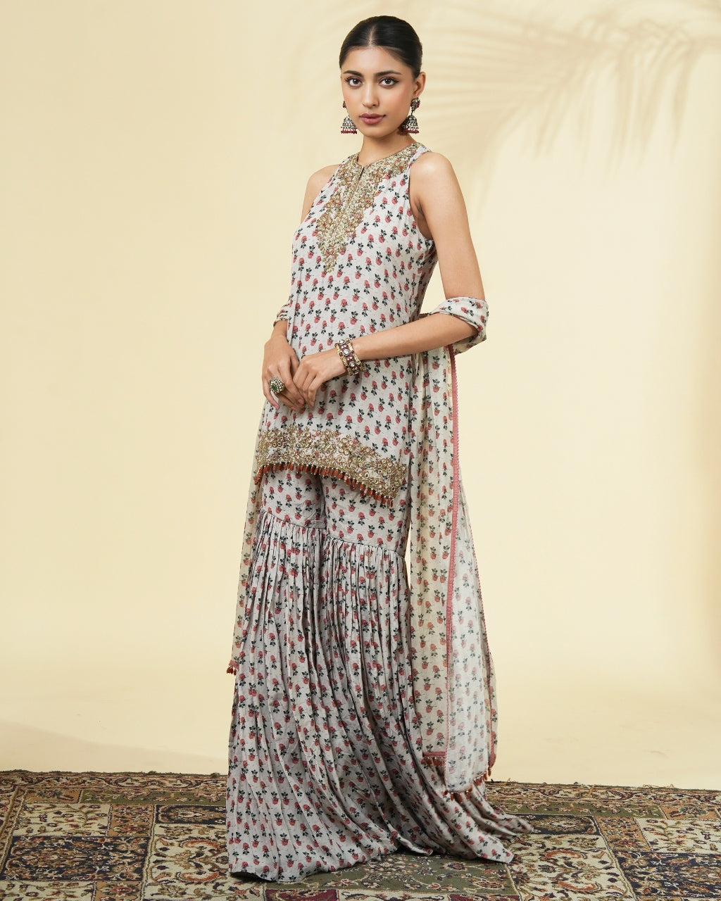 Vintage Rose Butti Print Short Kurta & Gharara Set