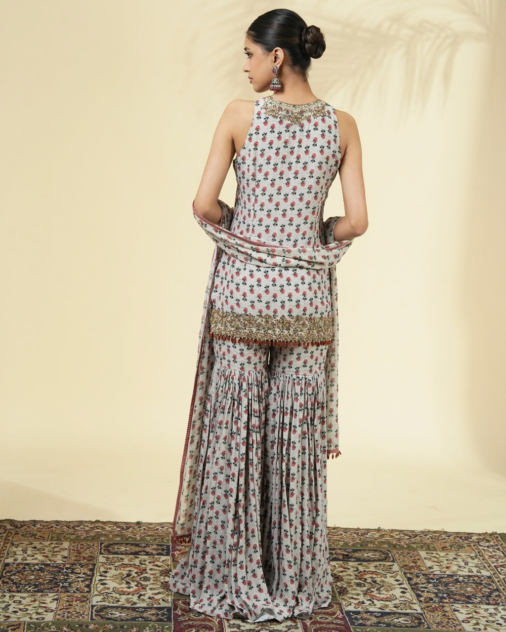 Vintage Rose Butti Print Short Kurta & Gharara Set