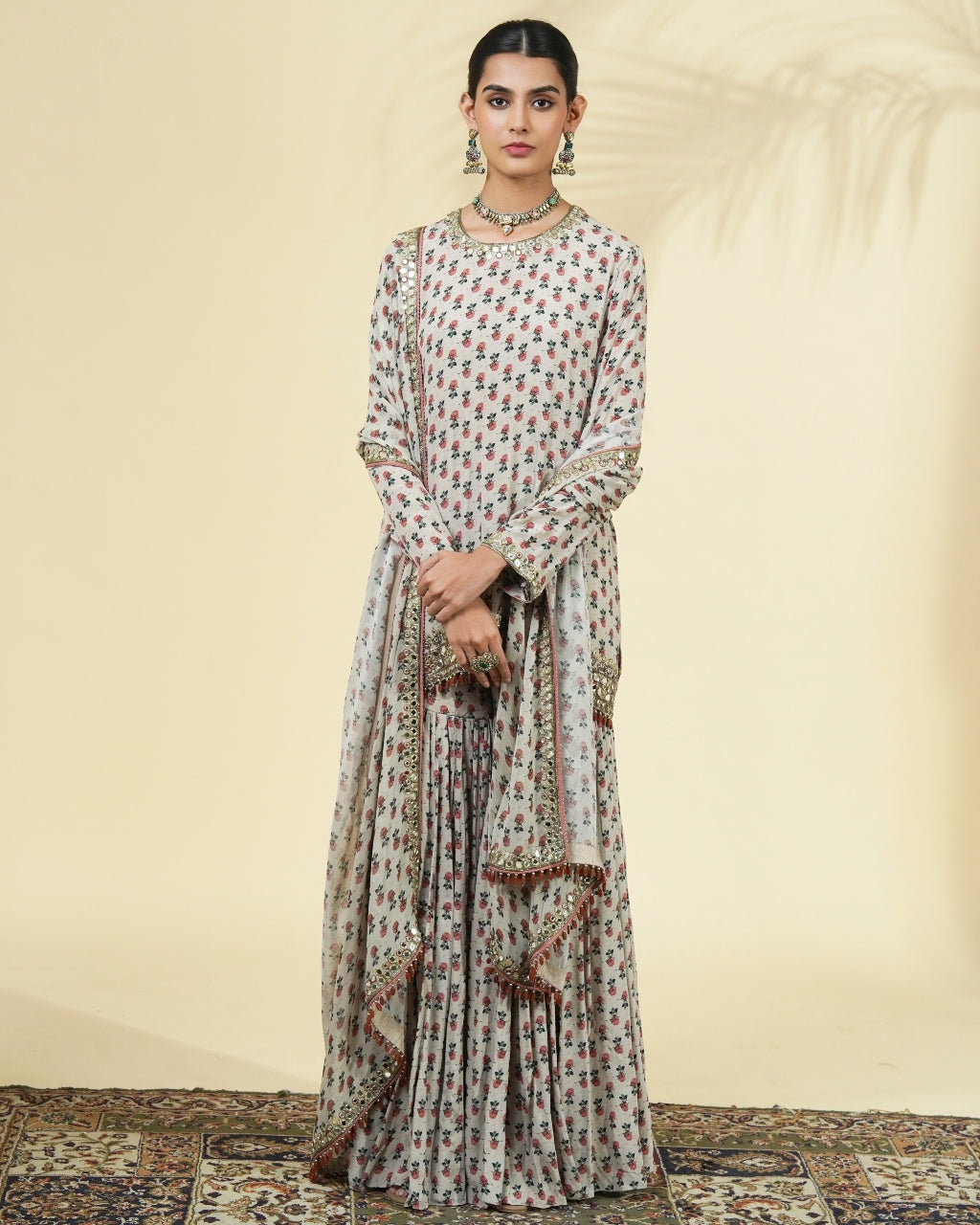 Vintage Rose Butti Print Gold Short Kurta & Gharara Set