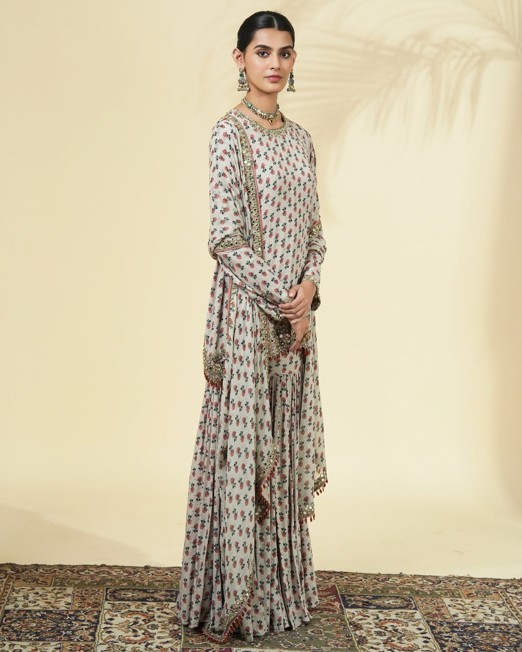 Vintage Rose Butti Print Gold Short Kurta & Gharara Set