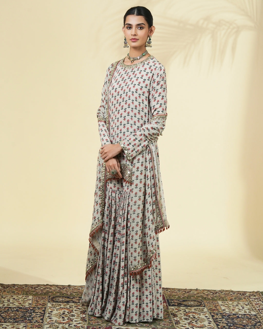 Vintage Rose Butti Print Gold Short Kurta & Gharara Set