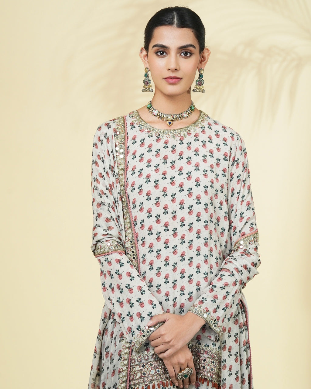 Vintage Rose Butti Print Gold Short Kurta & Gharara Set