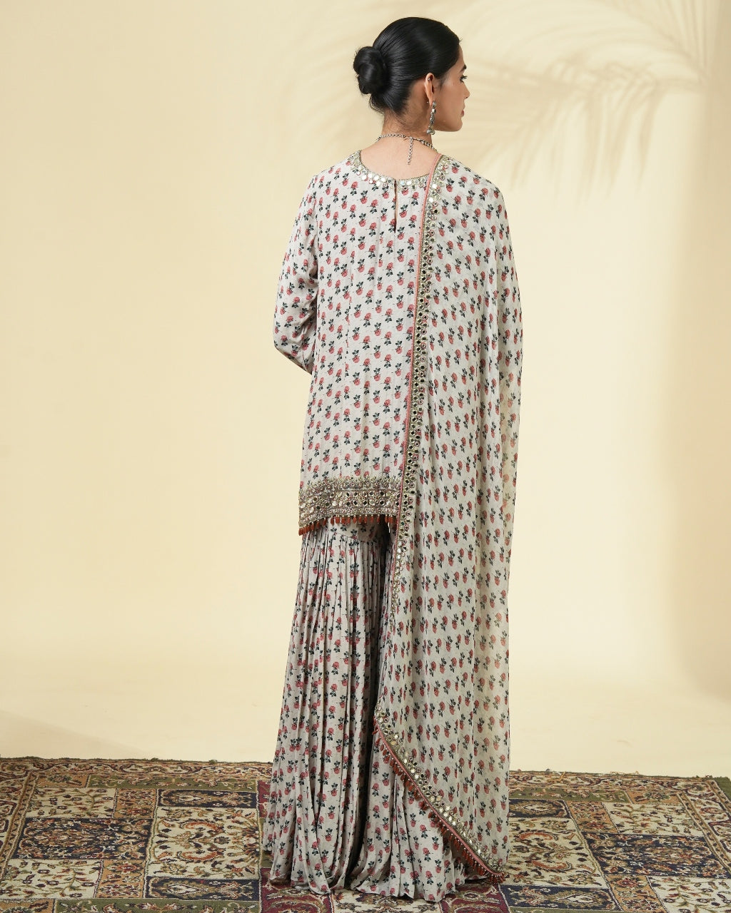 Vintage Rose Butti Print Gold Short Kurta & Gharara Set
