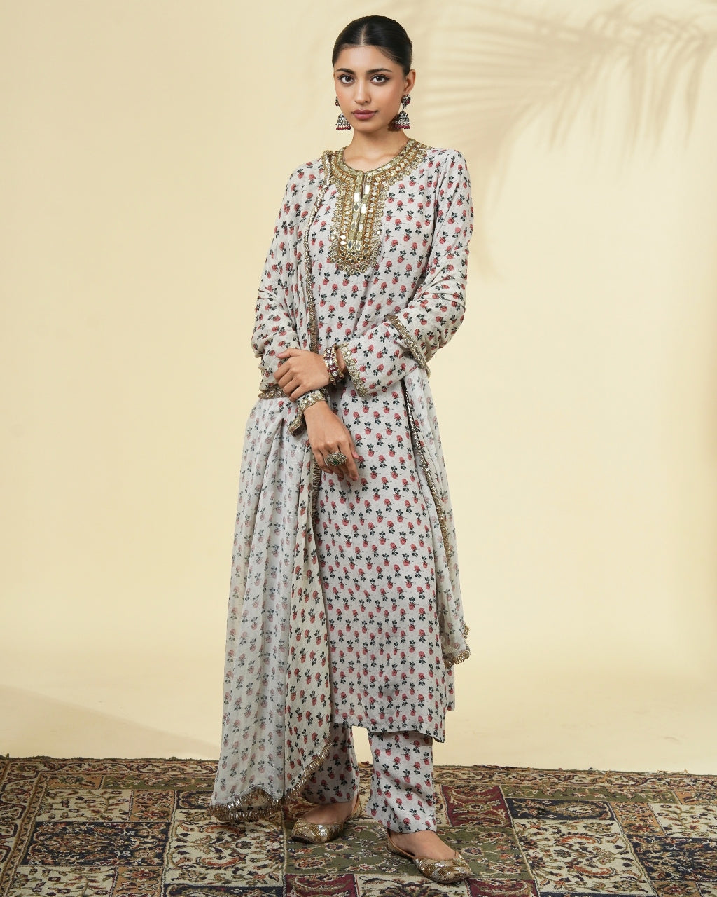 Vintage Rose Butti Print Long Gold Kurta Set