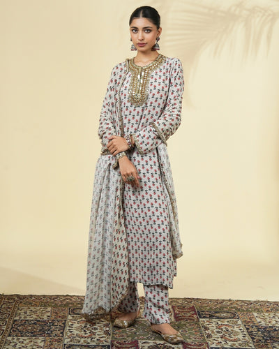 Vintage Rose Butti Print Long Gold Kurta Set
