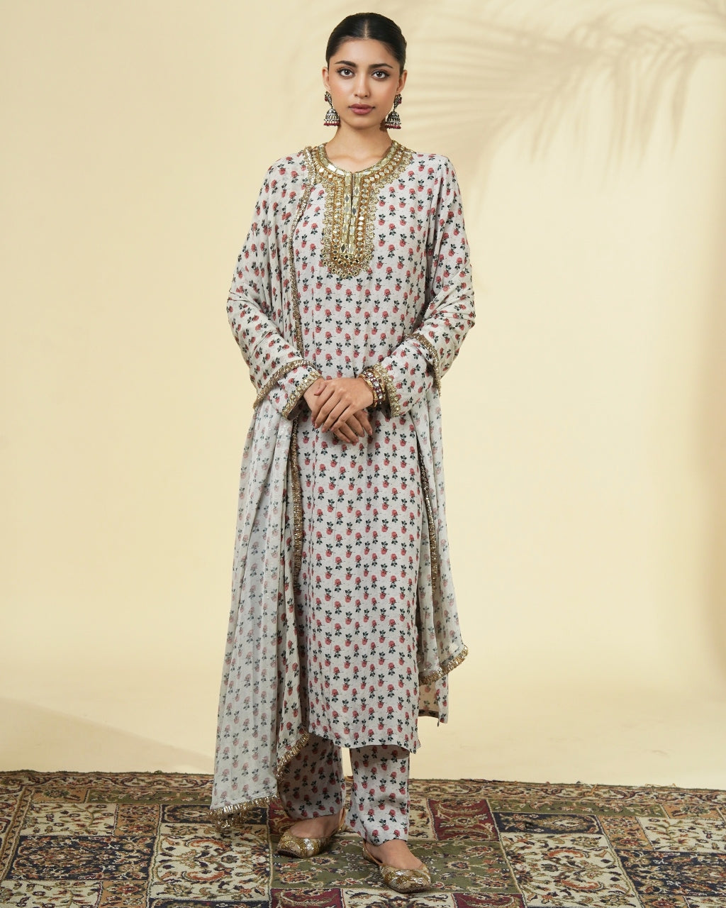 Vintage Rose Butti Print Long Gold Kurta Set