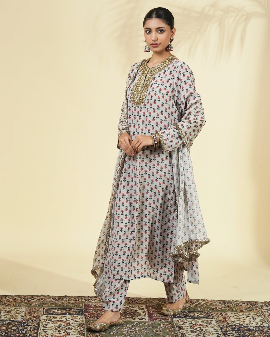 Vintage Rose Butti Print Long Gold Kurta Set