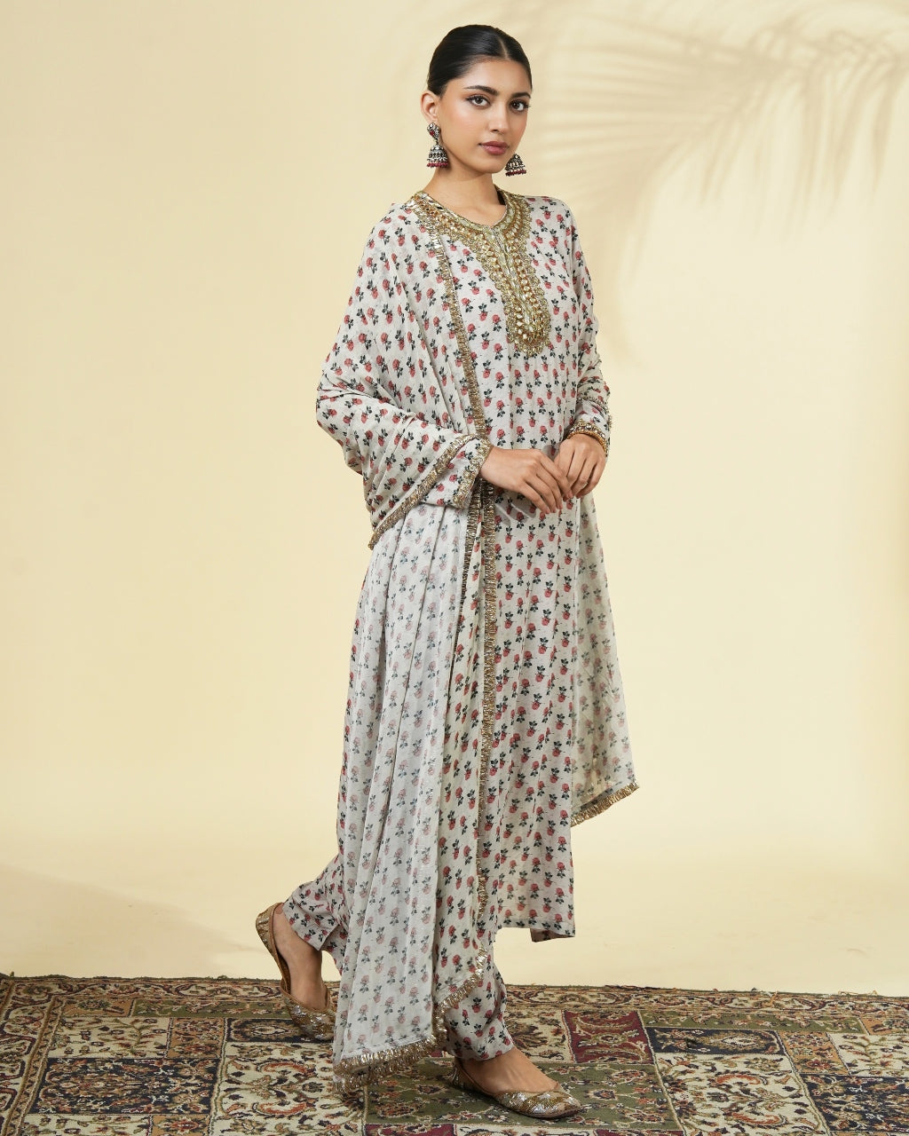Vintage Rose Butti Print Long Gold Kurta Set