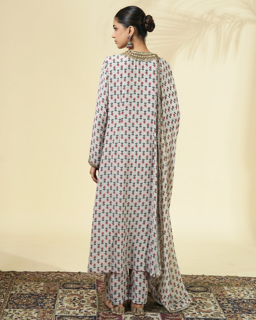 Vintage Rose Butti Print Long Gold Kurta Set