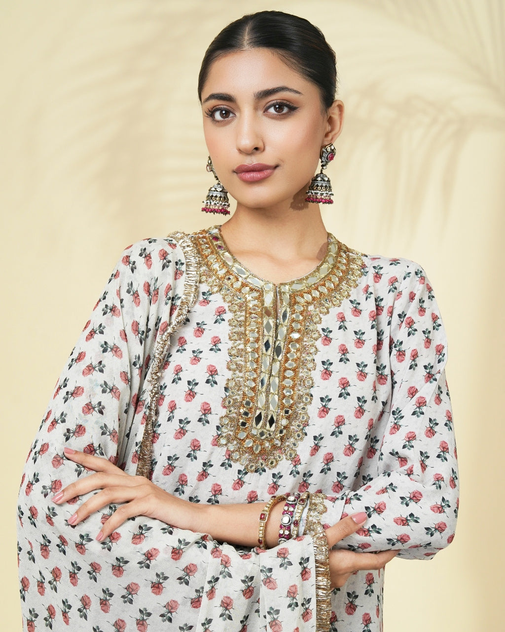 Vintage Rose Butti Print Long Gold Kurta Set