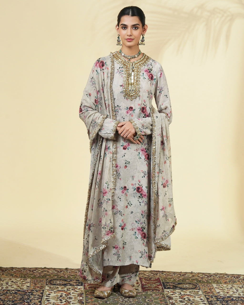 Vintage Rose Print Long Kurta Set