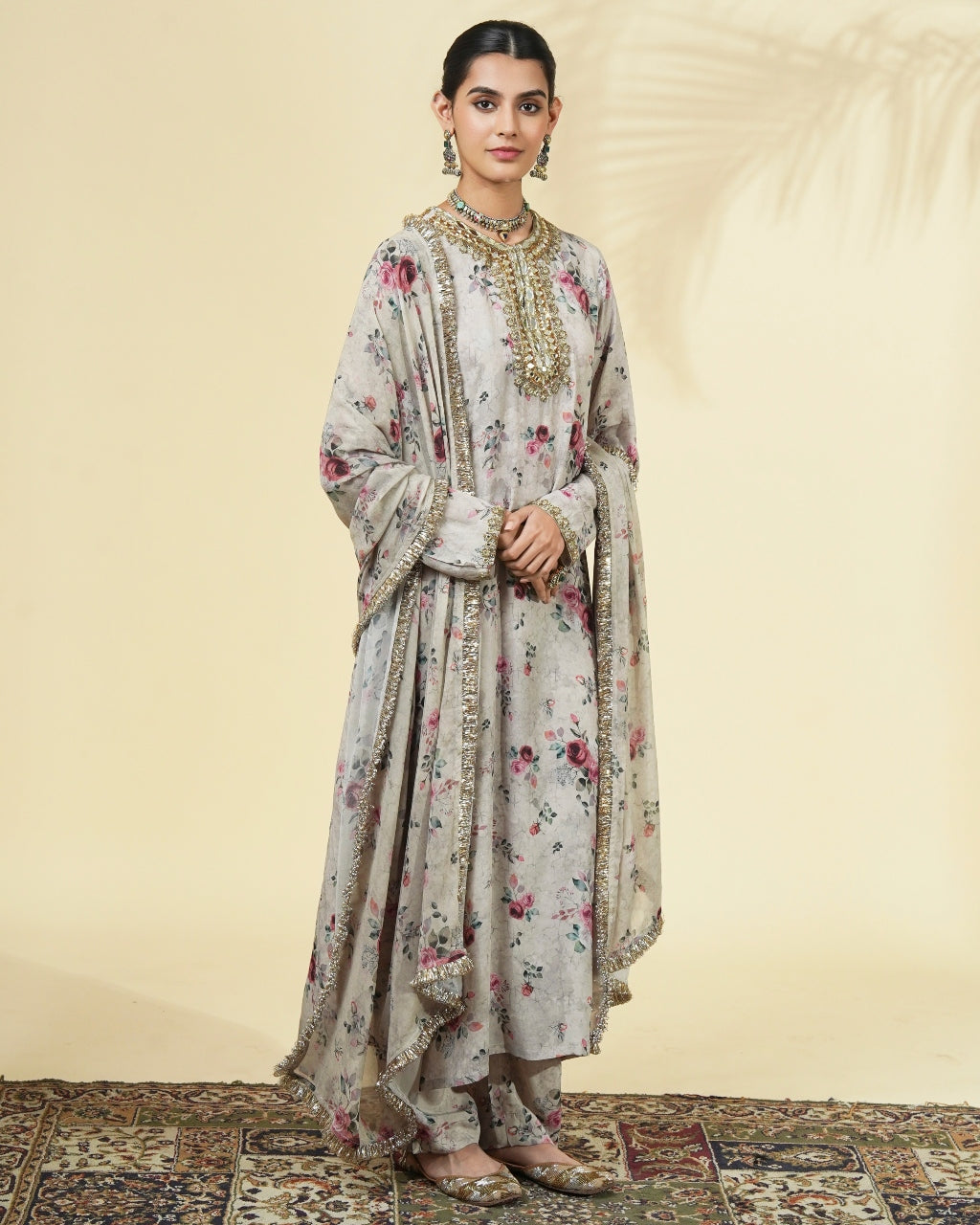 Vintage Rose Print Long Kurta Set